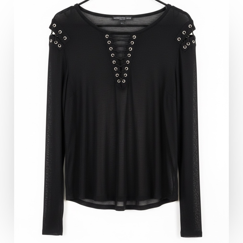 Witchy Goth Black Sheer Lace-Up Shirt Top